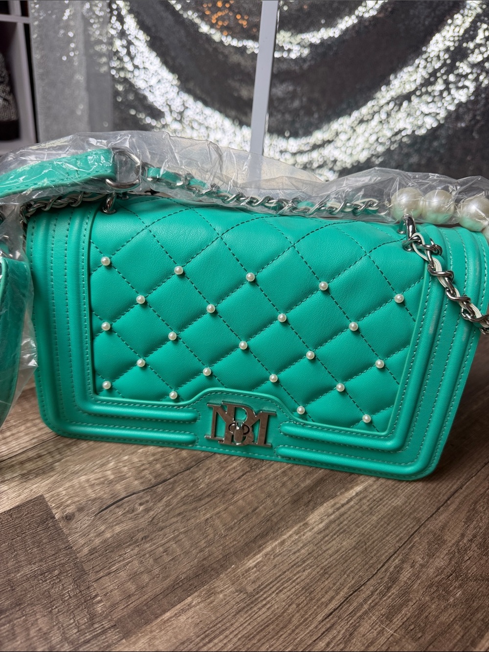 Badgley Mischka Teal Quilted Crossbody with Pearl Studs